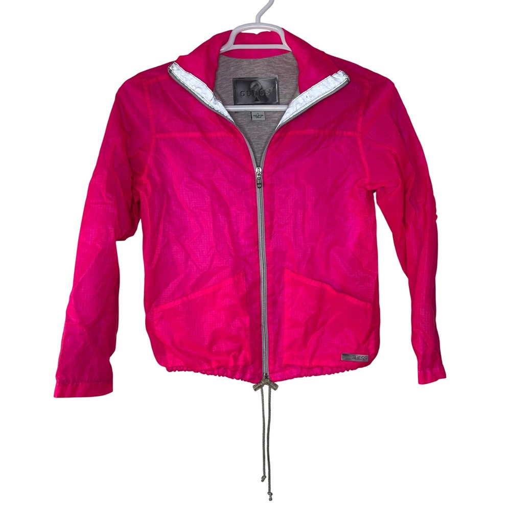 VTG Guess Windbreaker Jacket Women's Small Neon‎ Pink Full Zip Y2K Rave Festival